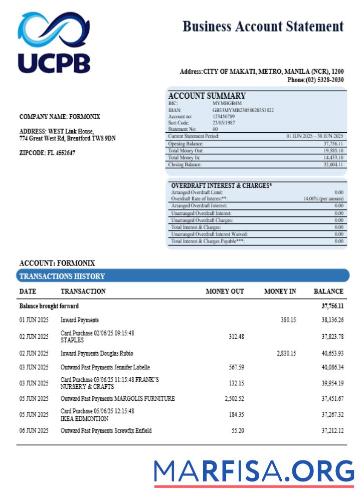 Blank UCPB bank company statement Word and PDF format download for verification